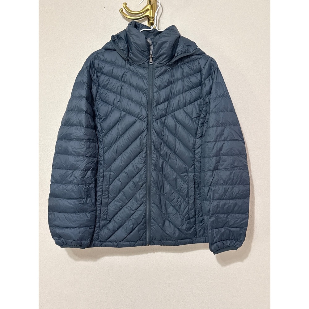 London Fog Packable Down Puffer Jacket Womens Medium Gray Hooded Quilted 7822992